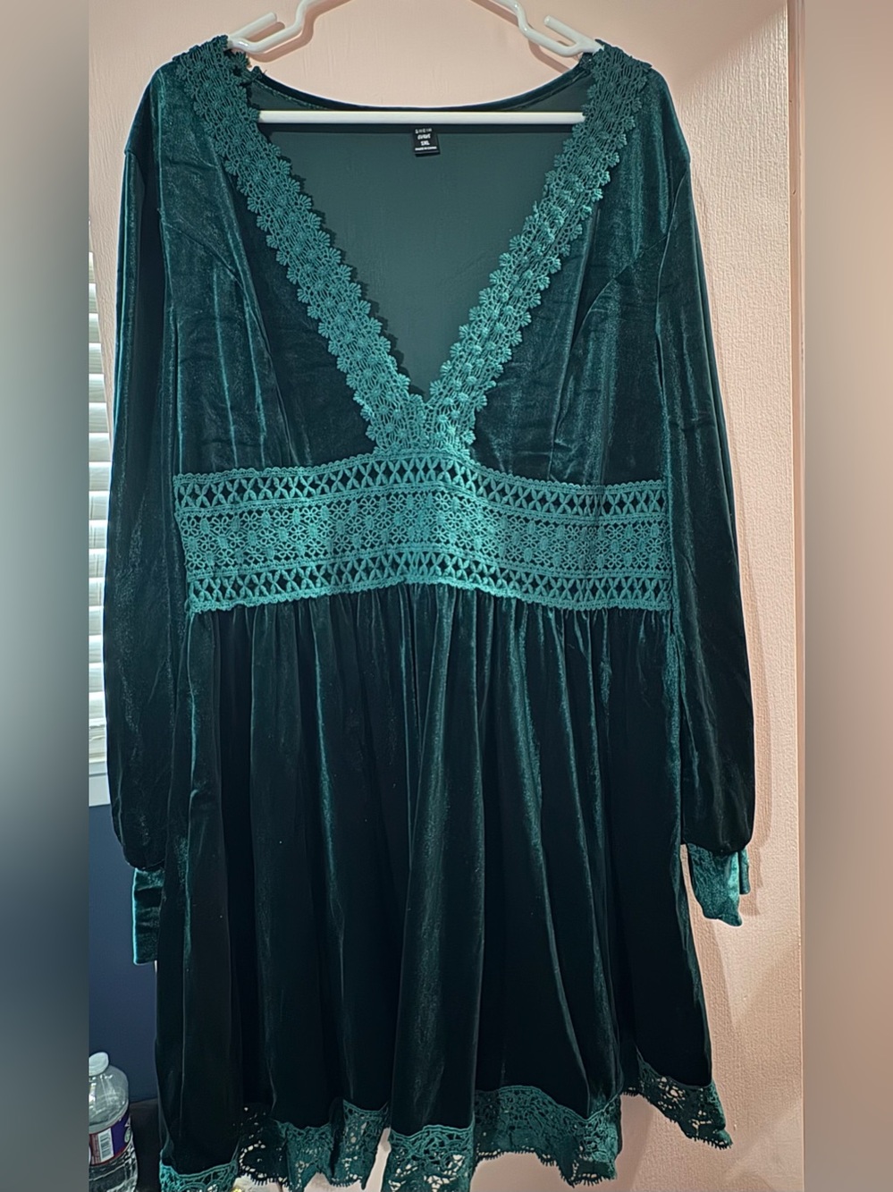 SHEIN Teal Velvet Lace Trim V-Neck Dress